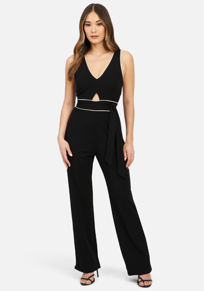 Bebe Knit Crepe Jumpsuit W/ Front Cutout & Contrast Piping In Black,white Alyssum