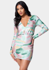 BEBE PRINTED BLOUSON LUREX MINI DRESS