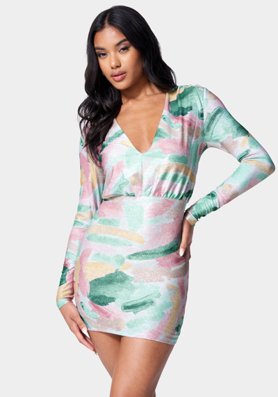 Bebe Printed Blouson Lurex Mini Dress In Brush Print