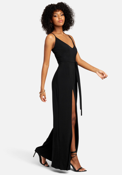 Bebe High Slit V-neck Cami Strap Jumpsuit In Black