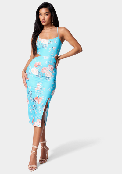 Bebe Printed Side Cutout Midi Slit Dress In Baby Blue Blooms