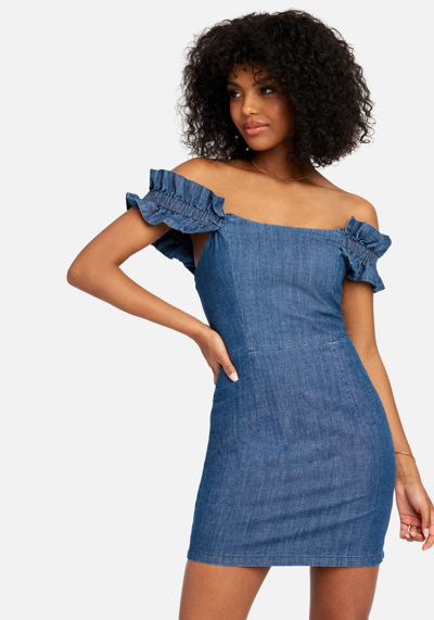Bebe Off Shoulder Ruffle Detail Denim Dress In Medium Blue Wash