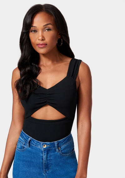 Bebe Ruched Sleeve Cutout Detail Top In Black