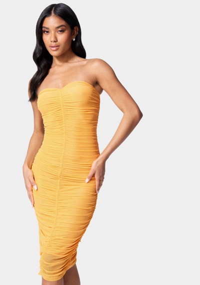 Bebe Strapless Sparkle Mesh Dress In Amber Yellow