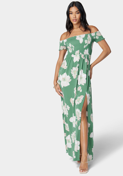 Bebe Off Shoulder Slit Maxi Dress In Lush Floral