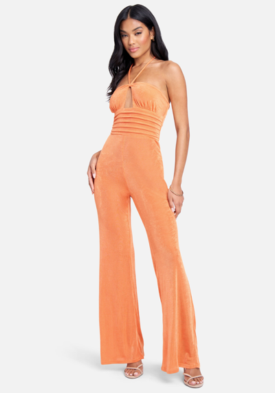 Bebe Halter Neck Wide Leg Jumpsuit In Apricot