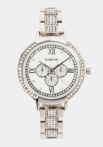 Bebe Silver Crystal Bezel Roman Numeral Watch In Silvertone