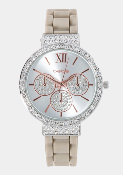 Bebe Taupe Crystal Bezel Roman Numeral Watch In Silvertone And Taupe