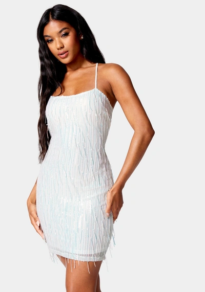 Bebe Sequin Lace Up Back Dress In Bright White