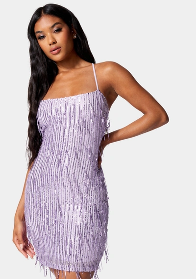 Bebe Sequin Lace Up Back Dress In Pastel Lilac