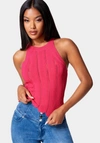 BEBE SCALLOP HEM POINTELLE SWEATER HALTER TOP