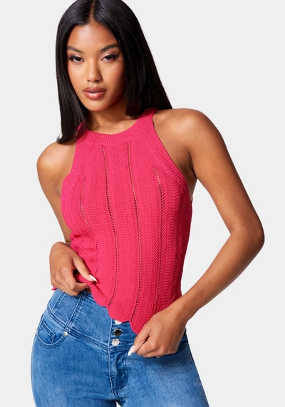 Bebe Scallop Hem Pointelle Sweater Halter Top In Bright Rose