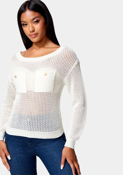 Bebe Open Knit Pocket Detail Sweater In White Alyssum