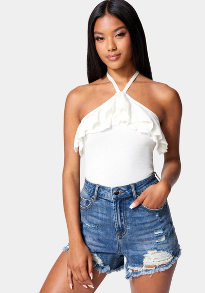 Bebe Halter Lurex Sweater Ruffle Top In White Alyssum