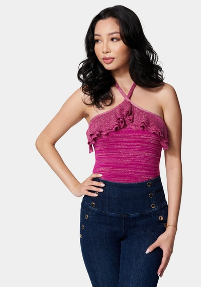 Bebe Halter Lurex Sweater Ruffle Top In Clover