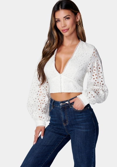 Bebe Balloon Sleeve Button Front Eyelet Blouse In White Alyssum