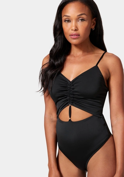 Bebe Front Keyhole Ruched Knit Bodysuit In Black