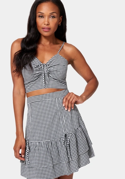 Bebe Mini Gingham Ruched Front Cami In Black,white Alyssum