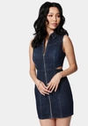 BEBE FRONT ZIP SIDE CUT OUT DENIM DRESS