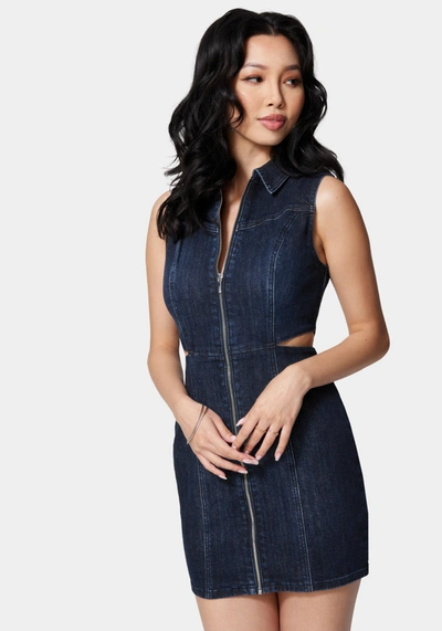 Bebe Front Zip Side Cut Out Denim Dress In Dark Indigo Wash