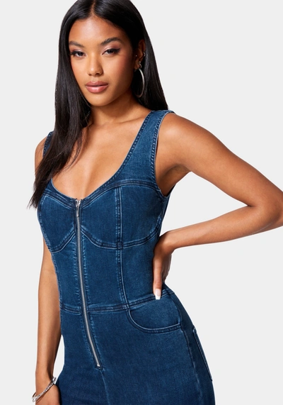 Bebe Skinny Leg Front Zip Denim Jumpsuit In Medium Indigo Wash