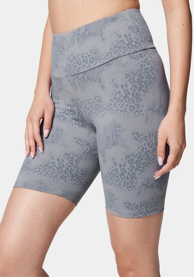 Bebe Logo Foiled Print Knit Biker Short In Steel Blue Animal Print