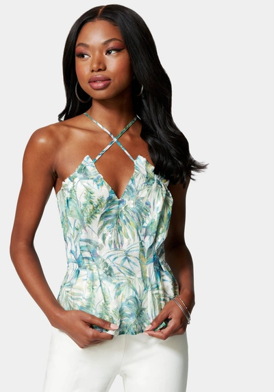 Bebe Printed Sequin Chiffon Cross Neck Blouse In Ocean Tropical Print