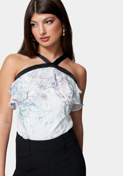 Bebe Contrast Halter Printed Ruffle Woven Top In Sketched Blossom Print,black