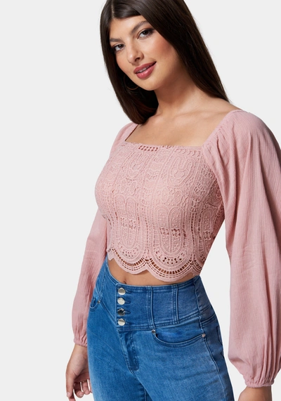 Bebe Crochet Body Woven Top In Soft Rose