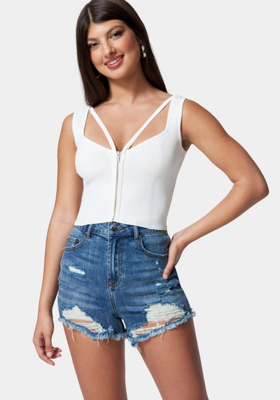 Bebe Zip Front Corset Sweater Top In White Alyssum