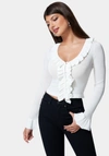 Bebe Ruffle Cropped Sweater Cardigan In White Alyssum
