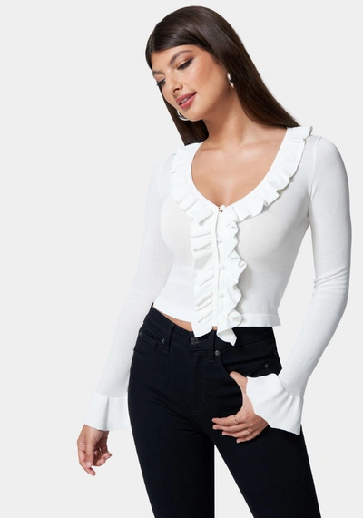 Bebe Ruffle Cropped Sweater Cardigan In White Alyssum