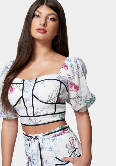 Bebe Printed Bustier With Contrast Taping In Sketched Blossom Print,black