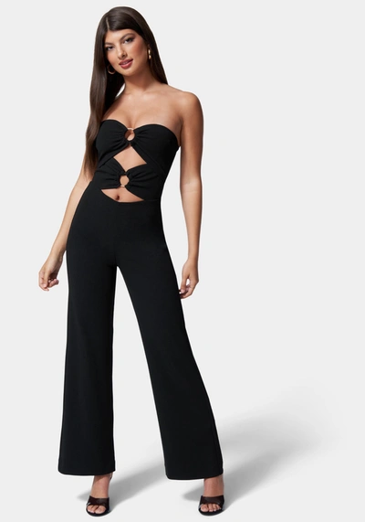 Bebe Ring Detail Wide Leg Knit Crepe With Satin Combo Jumpsuit In Black