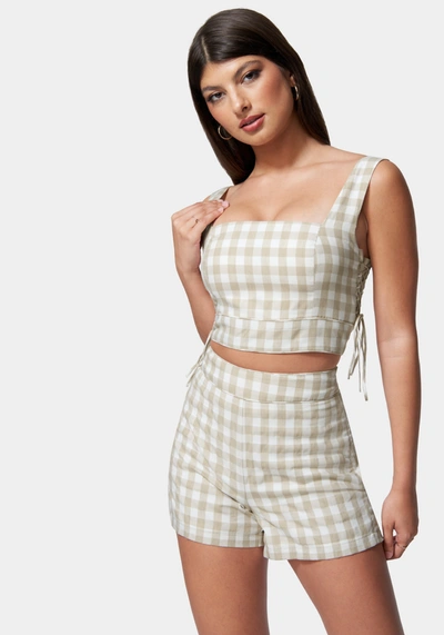 Bebe Gingham Cropped Lace Up Detail Top In White Alyssum,frappe
