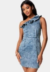 BEBE RUFFLE DETAIL LUREX DENIM DRESS