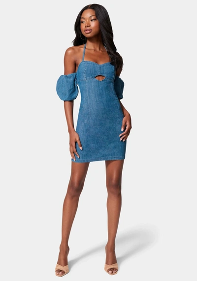 Bebe Off Shoulder Bubble Sleeve Denim Dress In Medium Blue Wash