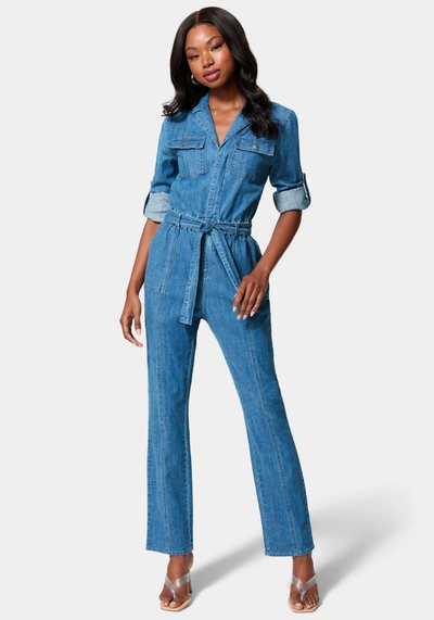 Bebe Lightweight Denim Cargo Style Straight Leg Jumpsuit In Light Blue Wash