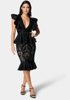 Shop Bebe Lace Ruffle Peplum Pencil Dress In Black,nude