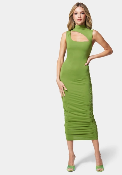 Bebe Ruched Front-cutout Mock-neck Dress In Green
