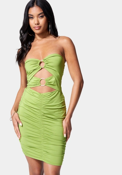 Bebe Ring Detail Strapless Mini Dress In Bright Chartreuse