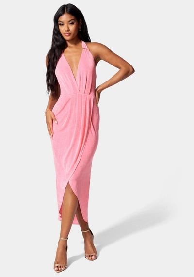 Bebe Slinky Asymmetrical Halter Neck Dress In Fuschia Pink
