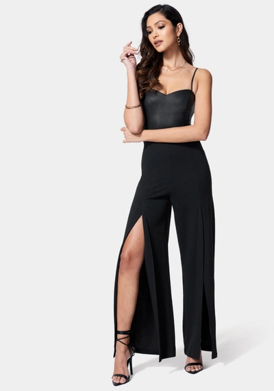 Bebe Vegan Leather Open Leg Jumpsuit In Black,black