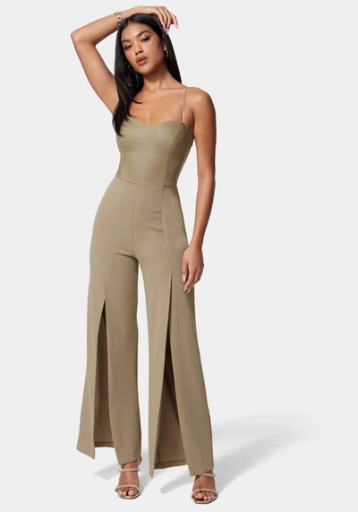 Bebe Vegan Leather Open Leg Jumpsuit In Taupe,taupe