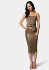 BEBE VEGAN LEATHER BELTED STRAPLESS MIDI DRESS