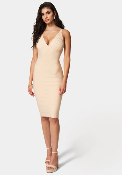 Bebe Luxe Bandage V-neck Midi Dress In Champagne