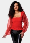 Bebe Smocked Body Chiffon Sleeve Top In Poppy Red