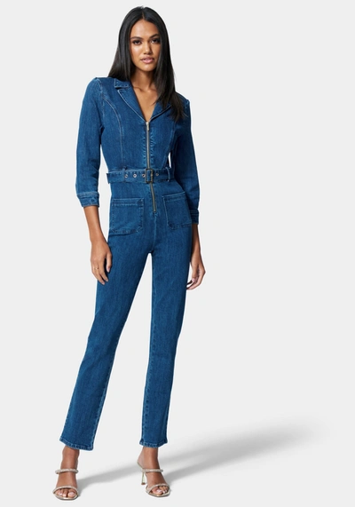 Bebe Zip Front Belted Skinny Leg Denim Jumpsuit In Antique Indigo Wash