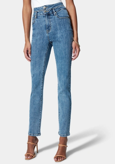 Bebe Double Tab Waist Slim Leg Jean In River Blue Wash