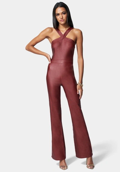 Bebe Wide Leg Snap Detail Coated Denim Jumpsuit In Bloodstone